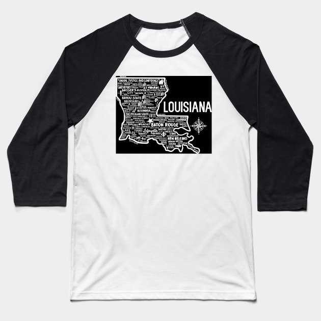 Louisiana Map Baseball T-Shirt by fiberandgloss